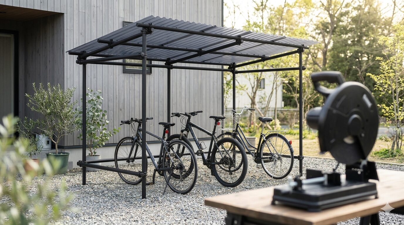 単管パイプDIYで完成したマットブラックのサイクルポート