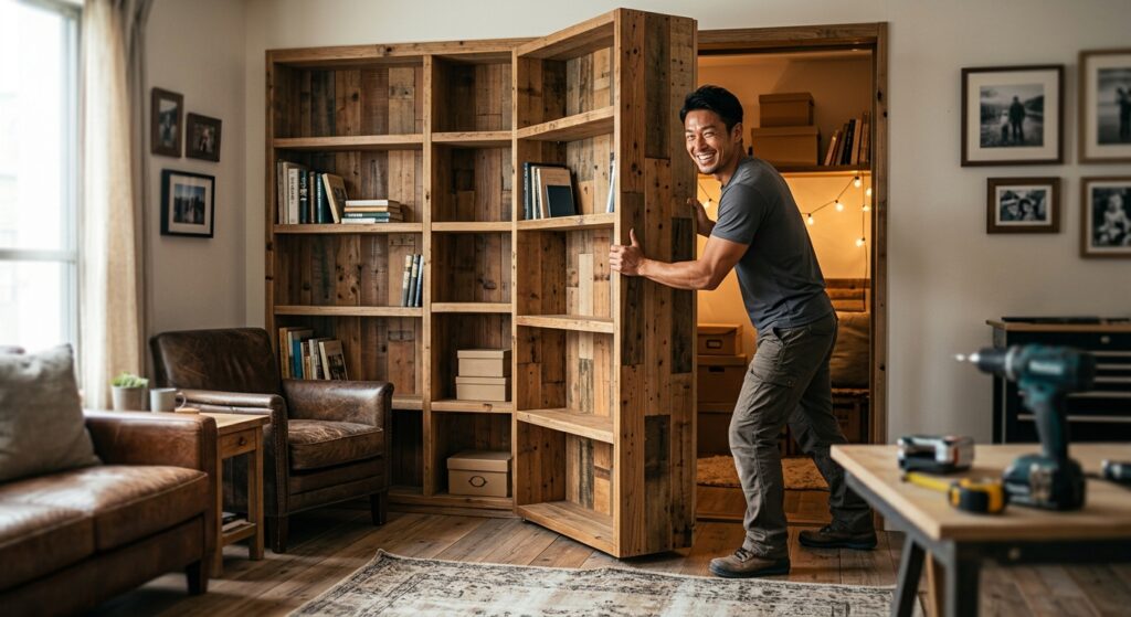 隠し扉風本棚を開けている様子